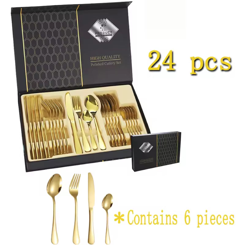 Set de 24 cubiertos Alemanes en Acero Inoxidable en color dorado➕Lleva GRATIS Recetario de Cenas Navideñas Especiales🔥 Destaca con tus invitados en las cenas navideñas