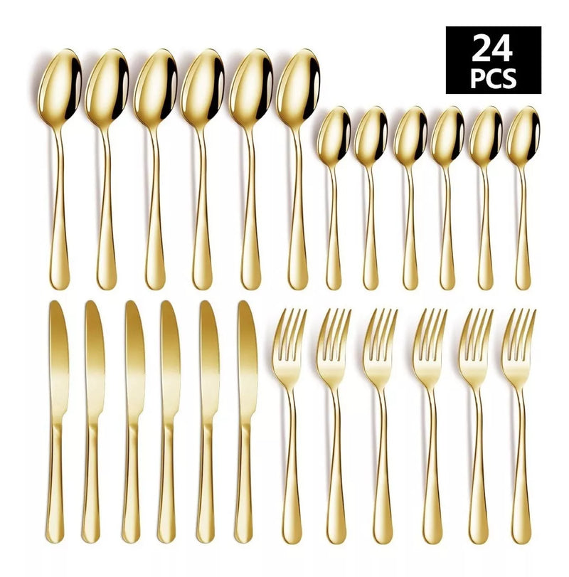 Set de 24 cubiertos Alemanes en Acero Inoxidable en color dorado➕Lleva GRATIS Recetario de Cenas Navideñas Especiales🔥 Destaca con tus invitados en las cenas navideñas