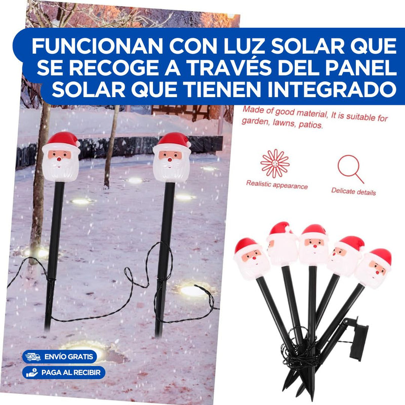 Estacas Solares Navideñas con Rostro de Santa  X5🔥 40cm de altura para exteriores, resistentes al agua