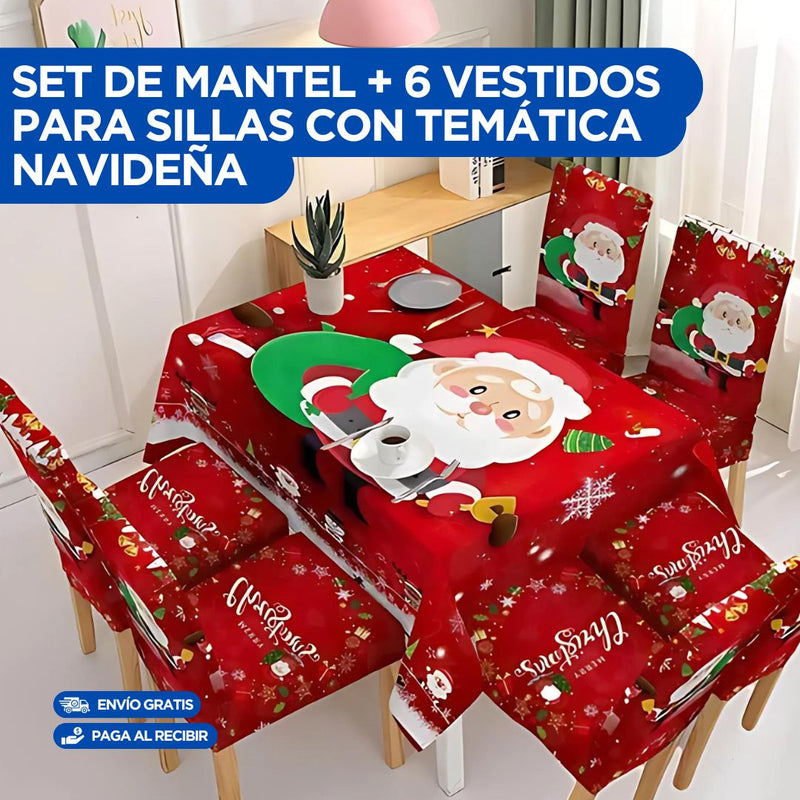 Set de Mantel navideño para mesas➕6 Fundas para Sillas con la misma temática