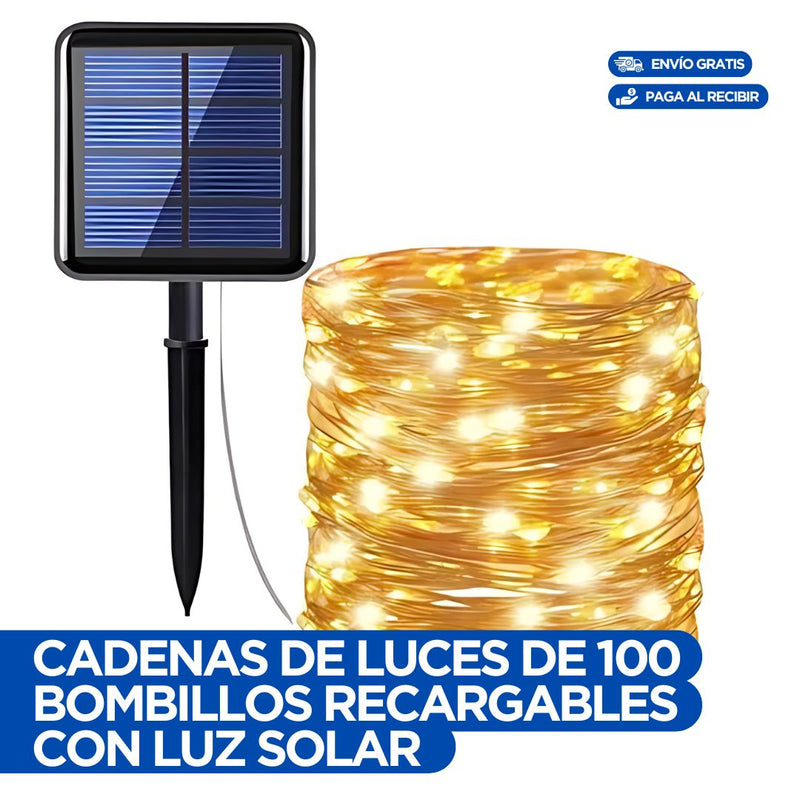 Cadena De Luces Led x100 bombillos Recargables con Paneles Solares